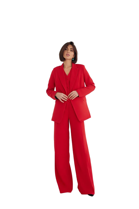 Women Three Piece Suit Red Premium Diagonal Crepe Lined Vest Jacket Trousers