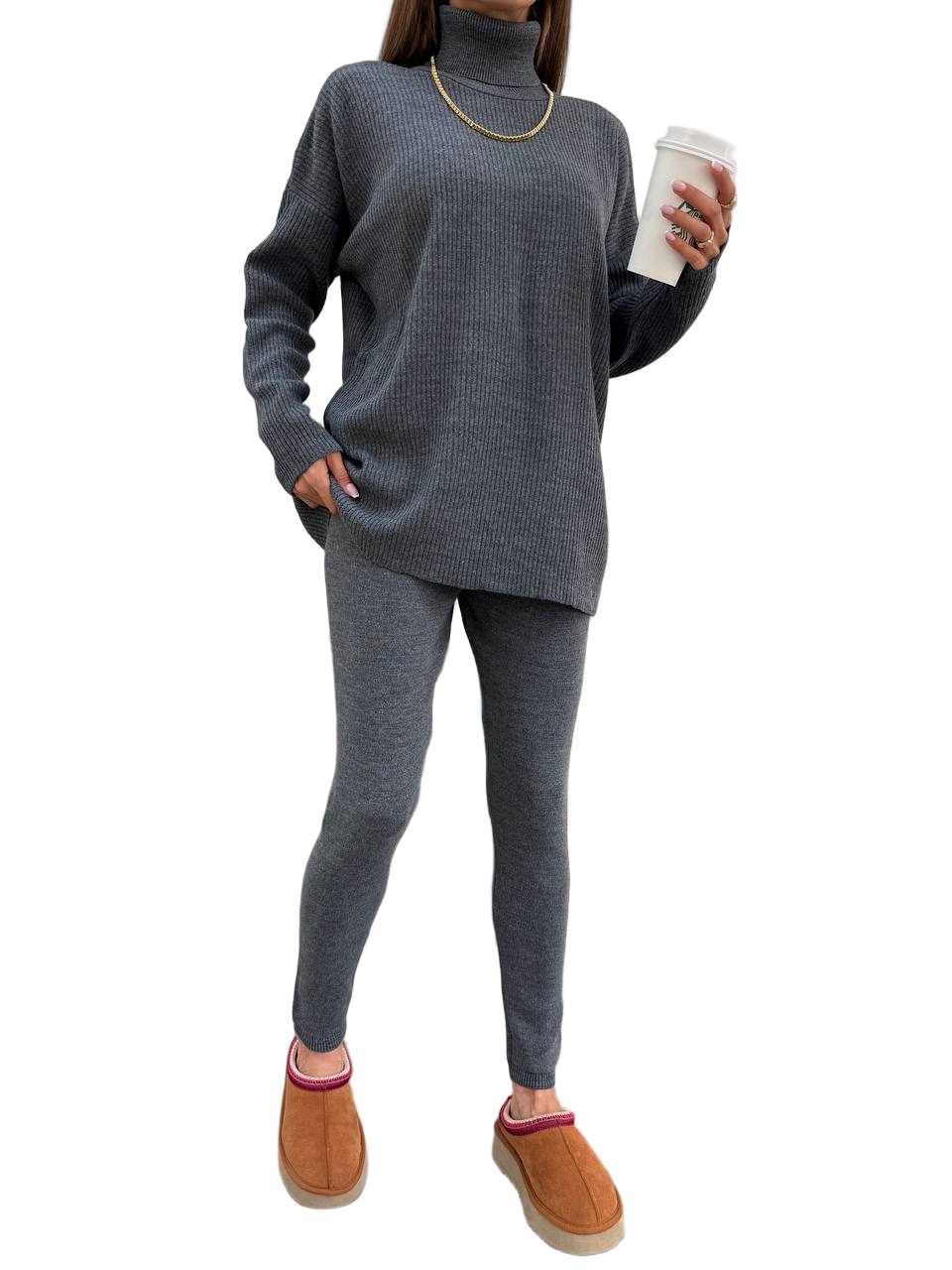 Gray Ribbed Knit Oversized Turtleneck Sweater and Shaping Leggings Set