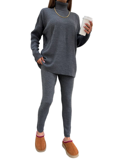 Gray Ribbed Knit Oversized Turtleneck Sweater and Shaping Leggings Set