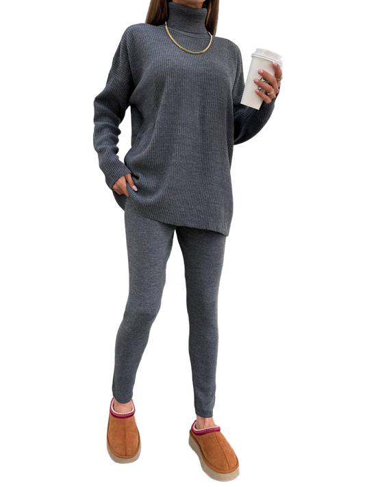 Gray Ribbed Knit Oversized Turtleneck Sweater and Shaping Leggings Set