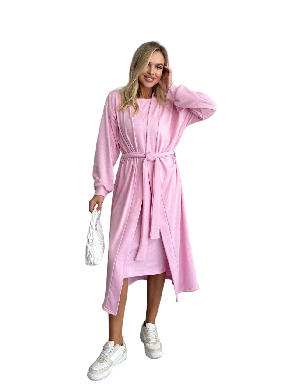Pink Midi Bodycon Dress and Long Cardigan Set Insulated Jersey Knit Cozy Fall Outfit