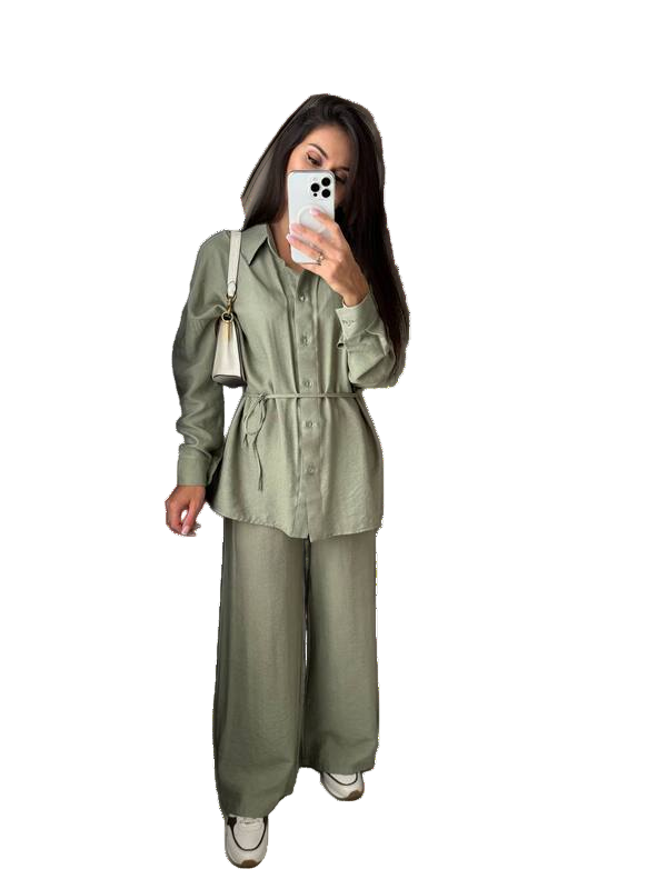Lightweight Green Linen Blend Two-Piece Shirt and Pants Set