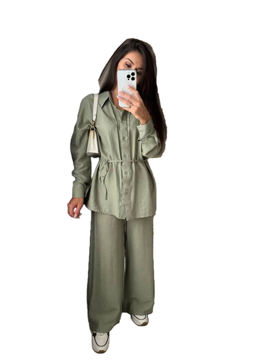 Lightweight Green Linen Blend Two-Piece Shirt and Pants Set