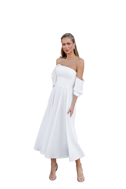 White Off Shoulder Midi Dress Diagonal Crepe A Line Cocktail Dress