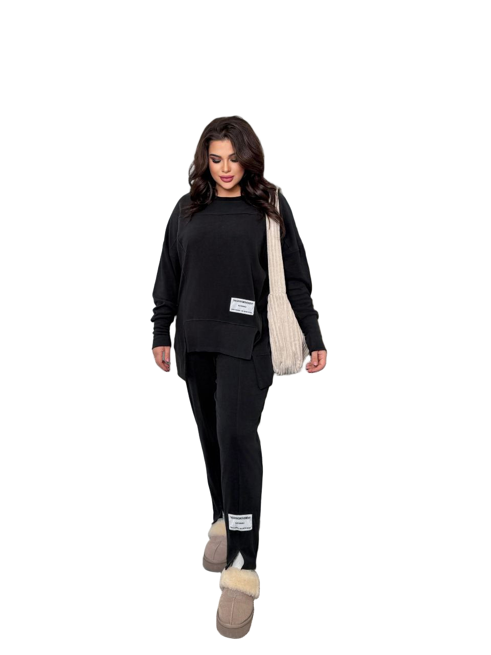 Black Plush Tracksuit Microfleece Set Cozy Oversized Sweatshirt and Jogger Pants