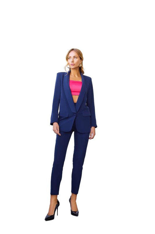 Dark Blue Diagonal Crepe Women Tailored Suit Jacket And Trousers