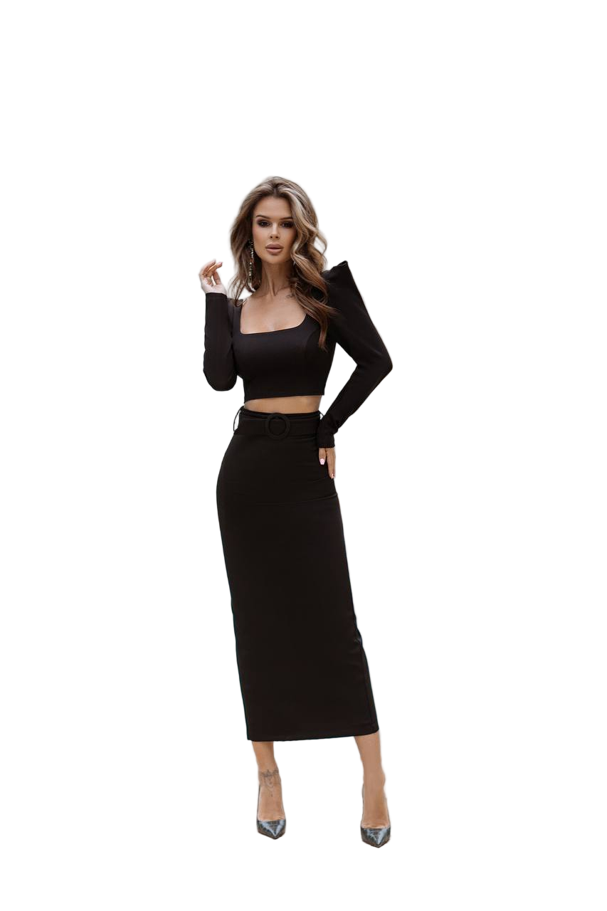 Black Diagonal Crepe Skirt and Top Set Square Neck Belted Midi
