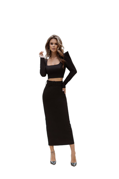 Black Diagonal Crepe Skirt and Top Set Square Neck Belted Midi