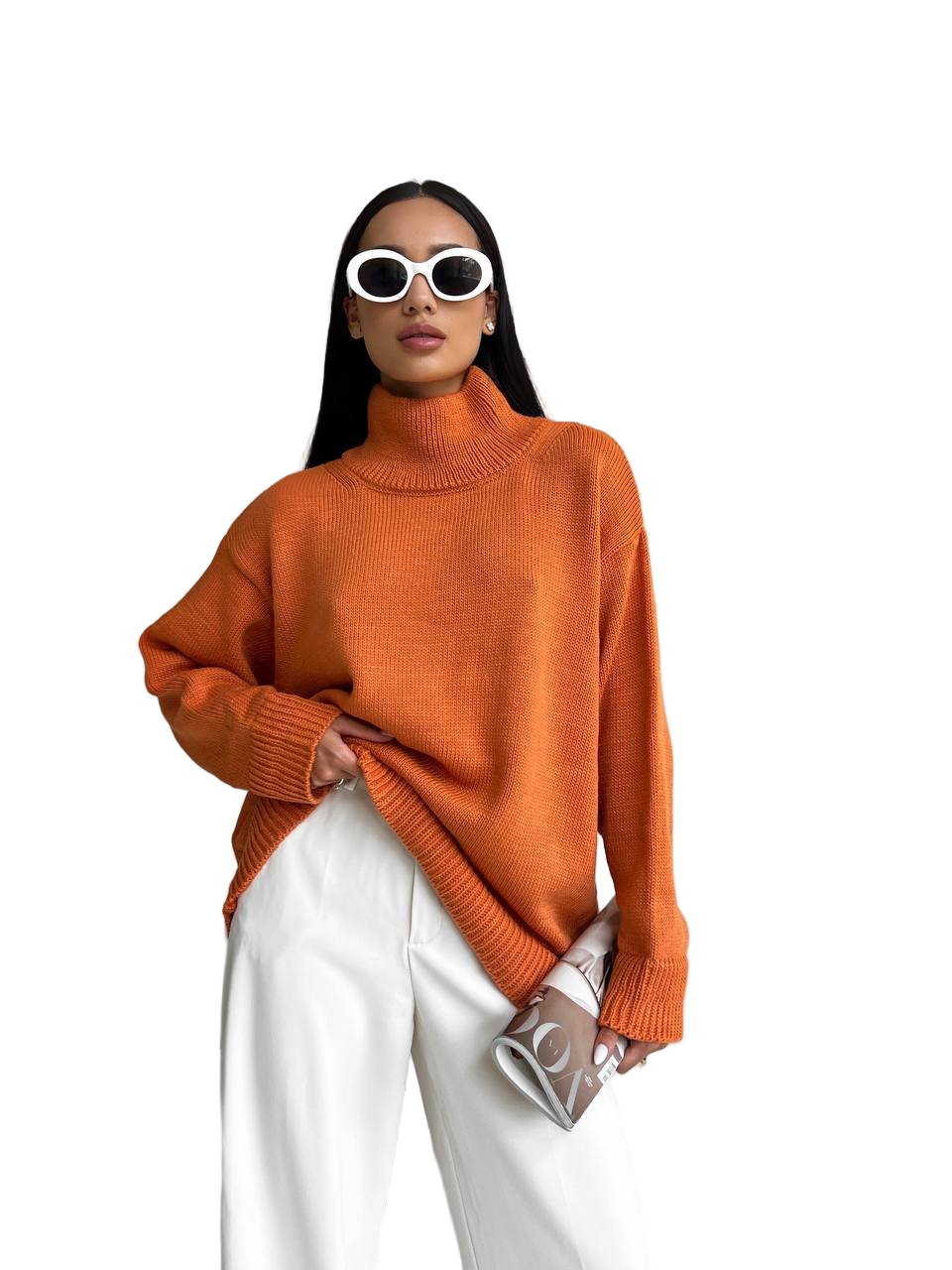 Orange Turtleneck Wool Blend Sweater Womens Oversized Knit Pullover