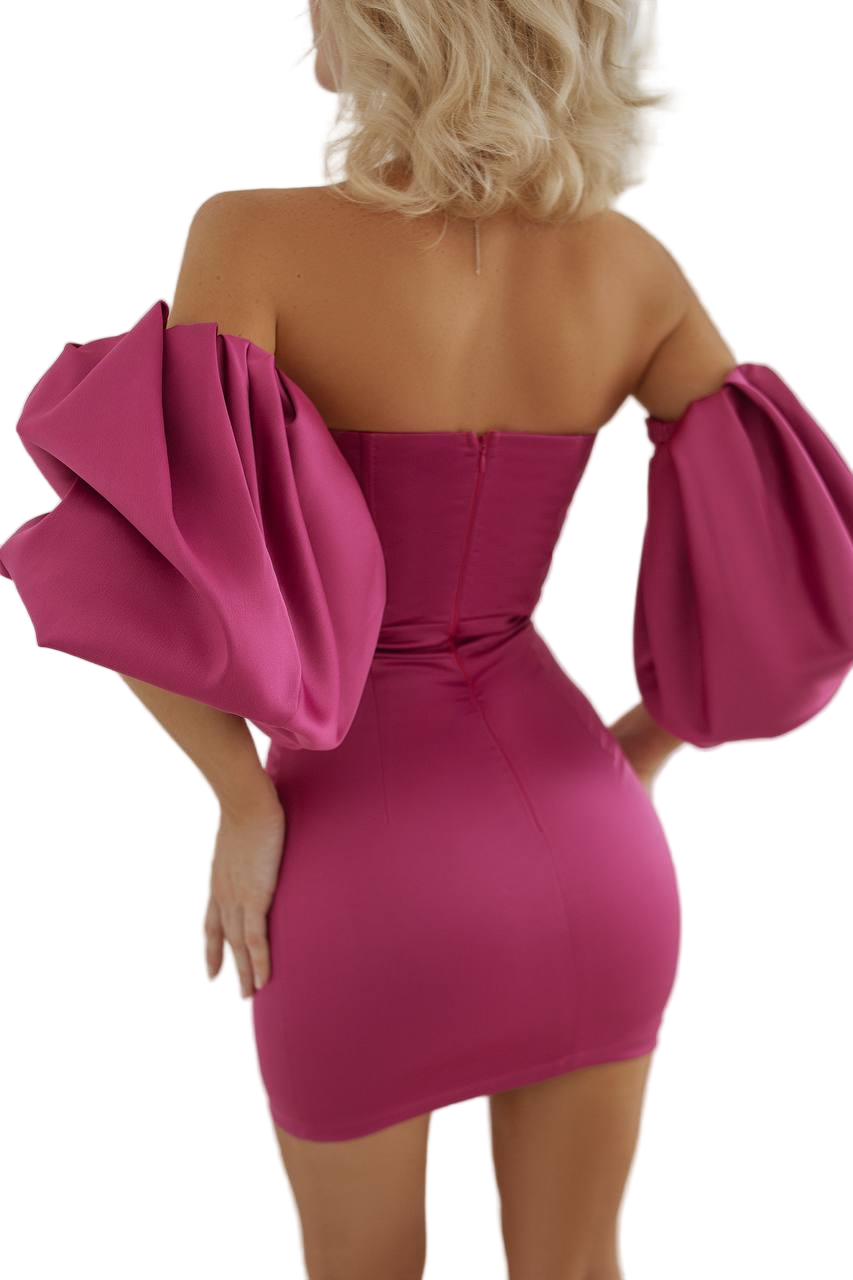 Crystal Mango Satin Dress Fuchsia Off Shoulder Puff Sleeve Sweetheart Mini Dress
