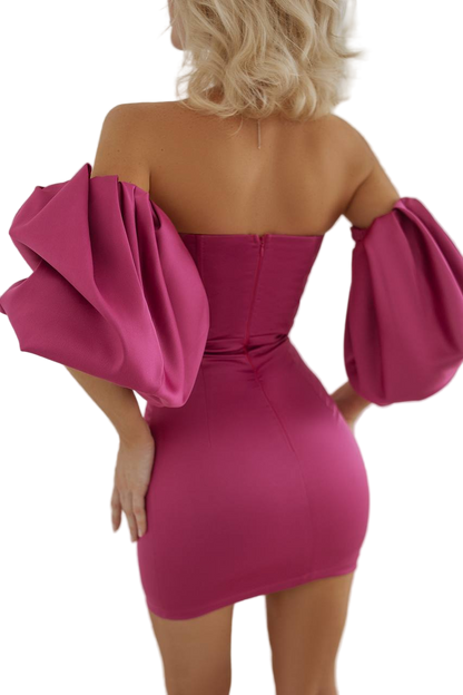 Crystal Mango Satin Dress Fuchsia Off Shoulder Puff Sleeve Sweetheart Mini Dress