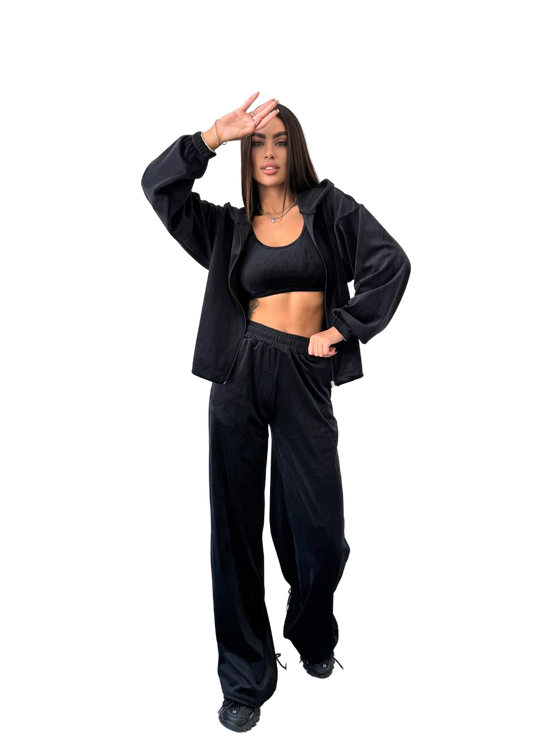 Black Velour Three-Piece Suit with Wide Palazzo Pants and Zip-Up Jacket