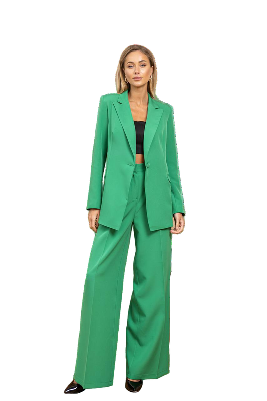 Grass Green Palazzo Suit Diagonal Crepe Womens Wide Leg Two Piece