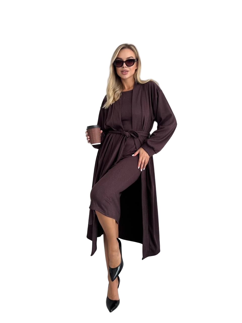 Thermal Jersey Knit Midi Dress and Long Cardigan Set Women Knitwear Autumn Office Outfit