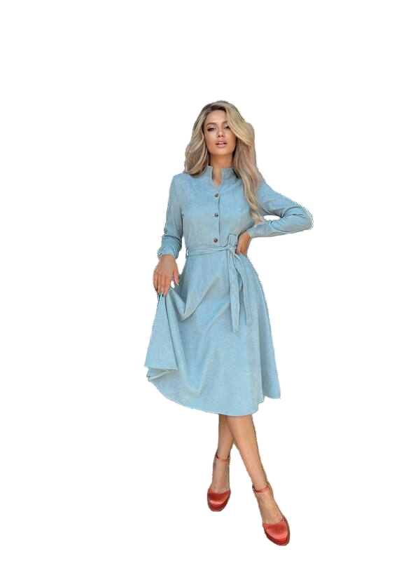 Light Blue Corduroy Dress with Waist Tie for Autumn