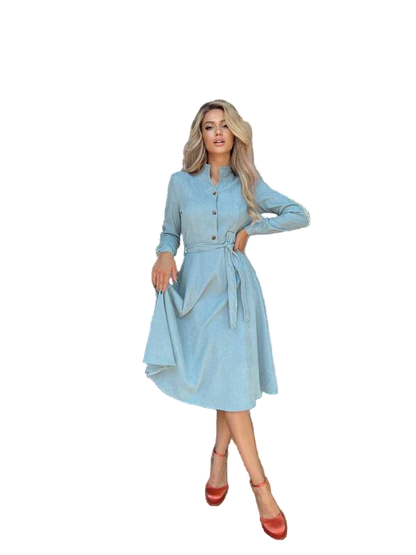 Light Blue Corduroy Dress with Waist Tie for Autumn