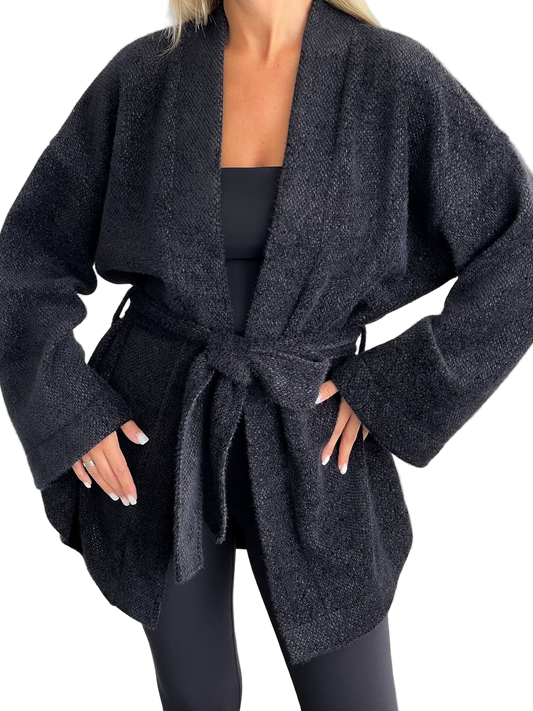 Dark gray robe with a belt worn by a person on a white background
