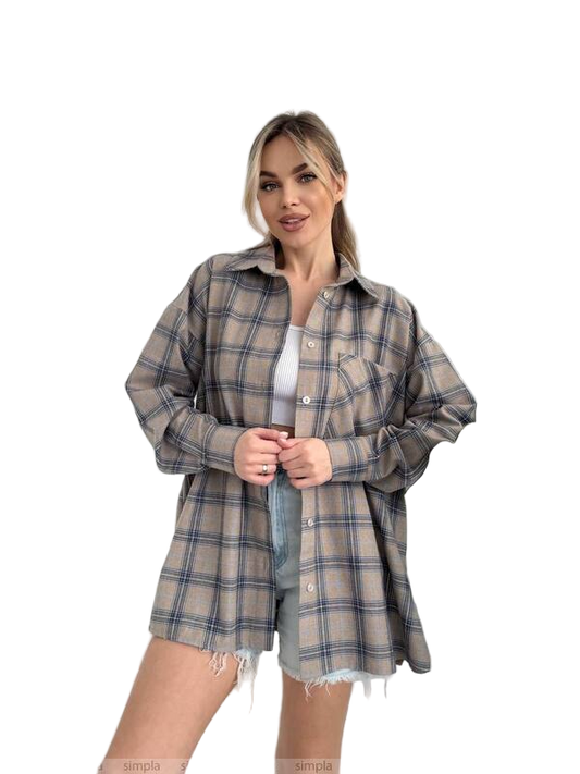 Oversized Plaid Flannel Shirt for Women Beige and Blue
