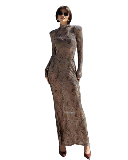 Beige Jacquard Mesh Maxi Dress with Included Shorts Set High Neck Long Sleeve