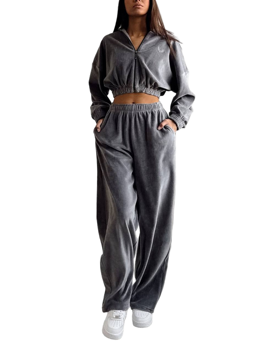 Women Velour Tracksuit Cropped Hoodie and Palazzo Pants Grey Turkish Velour