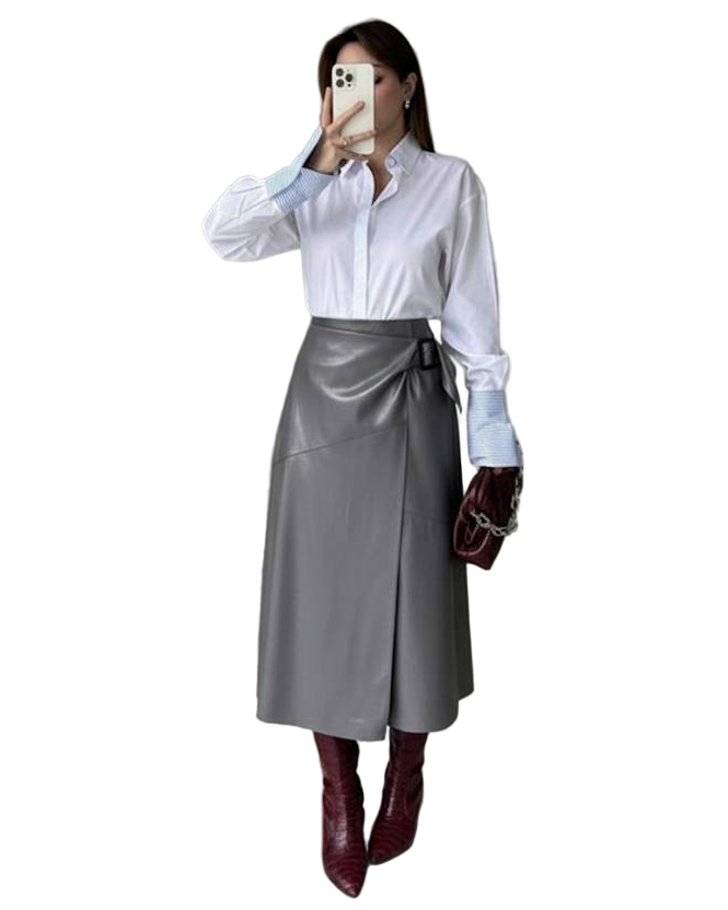 Gray Vegan Leather Wrap Midi Skirt Faux Leather A Line Skirt