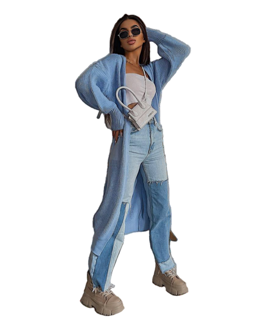 Long Light Blue Knitted Cardigan for Women