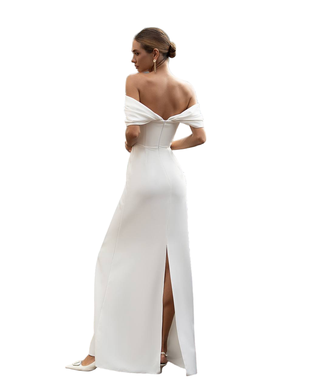 Woman wearing a white off-shoulder gown with a high slit on a white background