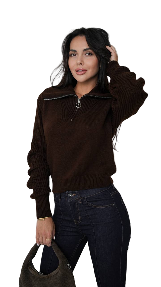 Brown Zip Collar Wool Blend Sweater Womens Cozy Knit Pullover