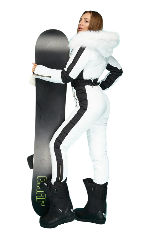 Modern Womens Winter Ski Jumpsuit in White with Black Stripes and Fox Fur Hood