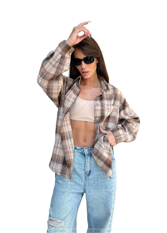 Trendy Plaid Loose Fit Flannel Shirt in Brown Tones