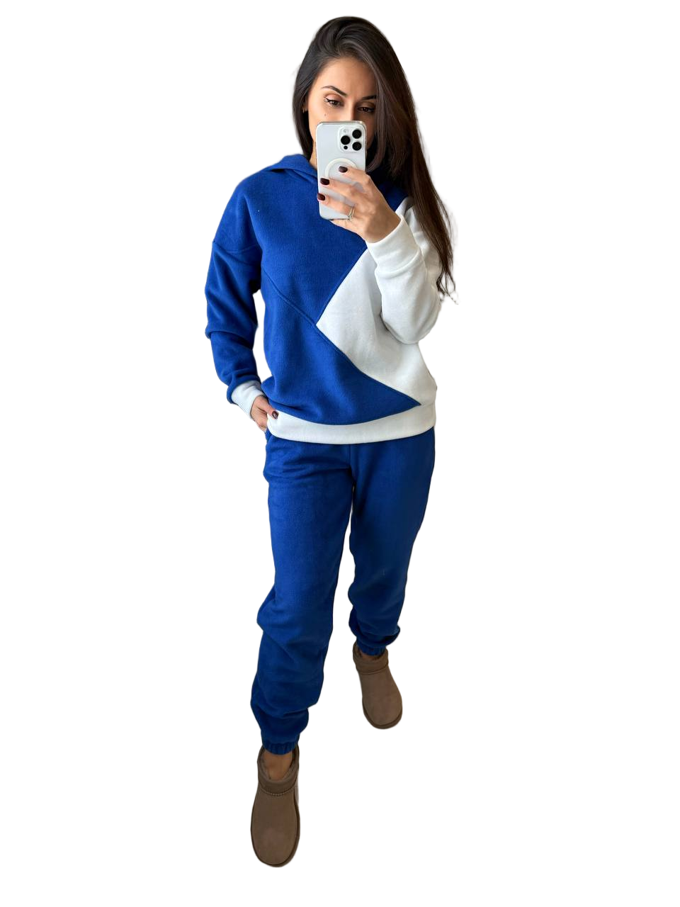 Women's Blue White Polar Fleece Tracksuit Hooded Sweatshirt and Joggers