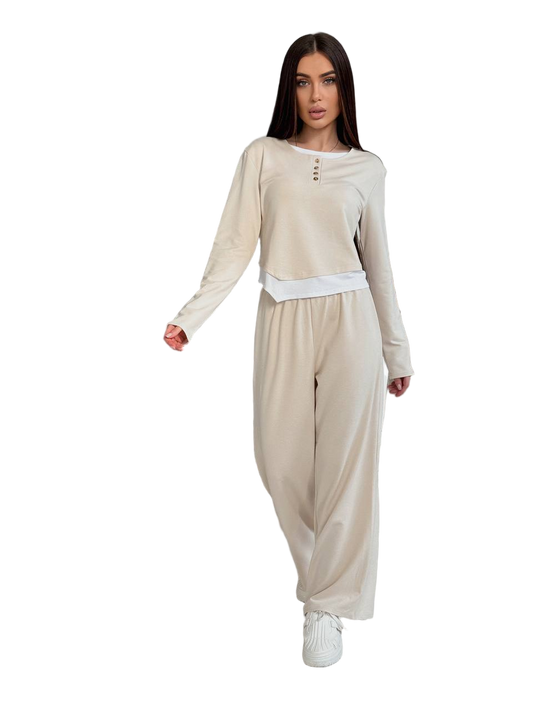Beige Soft Knitted Two-Piece Set Casual Lounge Wear