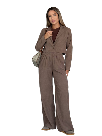 Brown Corduroy Women's Suit with Cropped Blazer and Wide Leg Pants