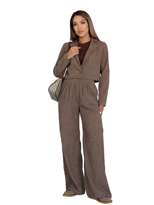 Brown Corduroy Women's Suit with Cropped Blazer and Wide Leg Pants