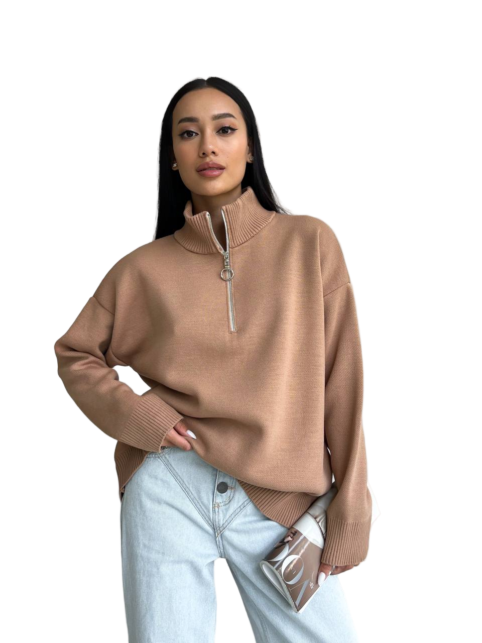 Camel Jacquard Knit Zip Sweater High Neck Wool Blend