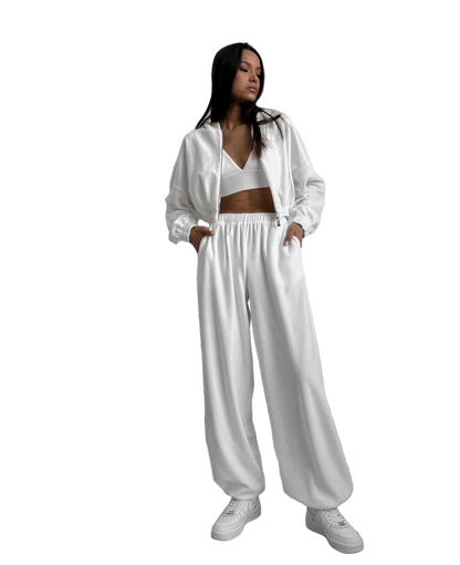 White Plush Velour Oversize Tracksuit Womens High Waisted Wide Leg Pants