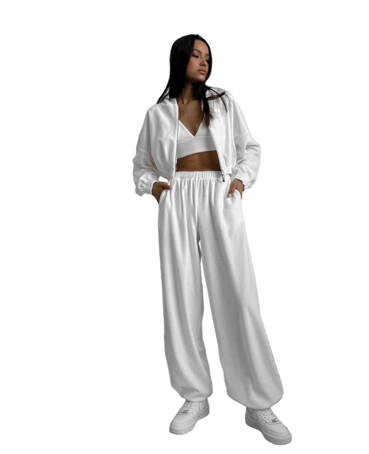 White Plush Velour Oversize Tracksuit Womens High Waisted Wide Leg Pants