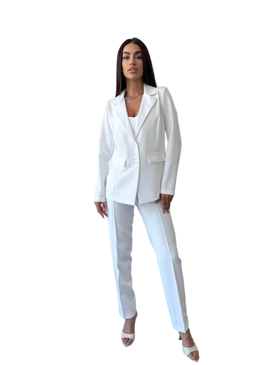White Women's Three-Piece Suit - Blazer Top and Pants Set