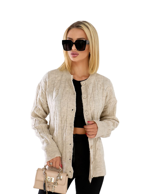 Beige Cable Knit Cardigan Button Up Autumn Knitwear