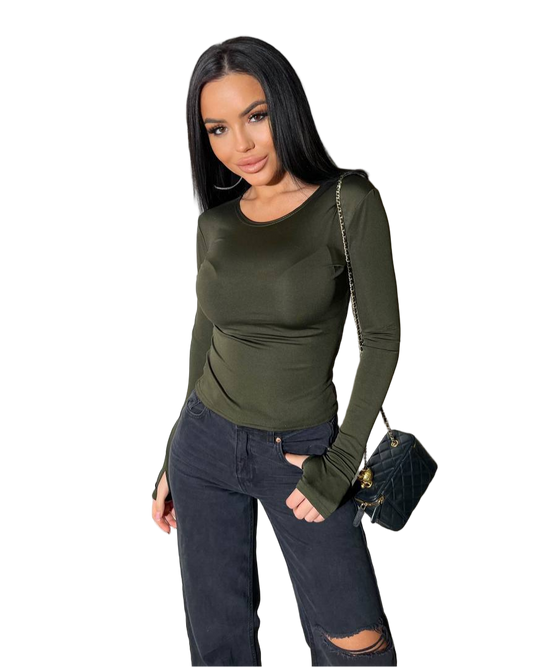 Olive Microdiving Thumbhole Longsleeve Top Fitted Basic Longsleeve