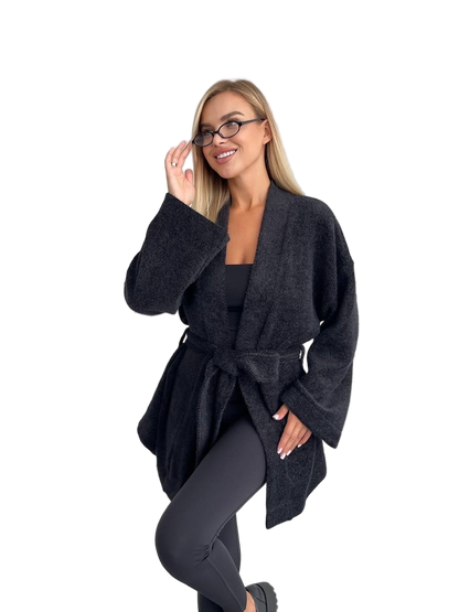 Black Fluffy Angora Cardigan Belted Oversized Cozy Knit