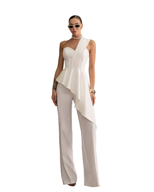 White Peplum Pantsuit Premium Class Suiting Crepe Diagonal Asymmetric Evening Suit