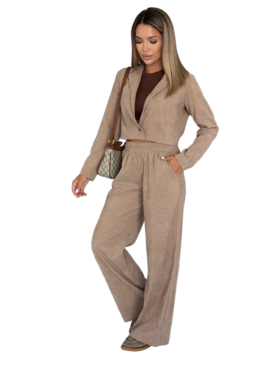 Beige Velvet Two-Piece Women's Outfit for Evening and Casual Wear