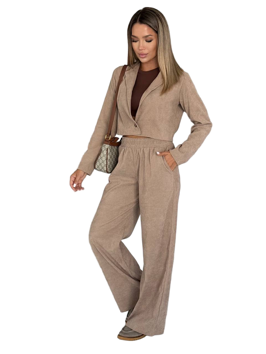 Beige Velvet Two-Piece Women's Outfit for Evening and Casual Wear