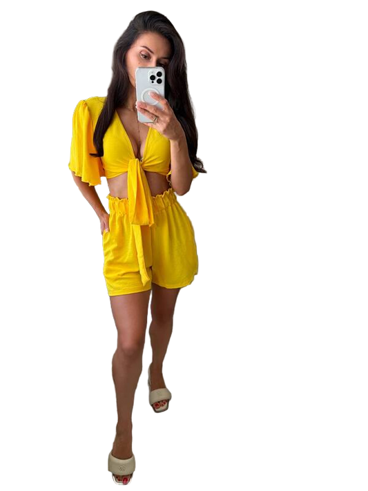 Yellow Two-Piece Summer Set with Tie-Front Top and Shorts