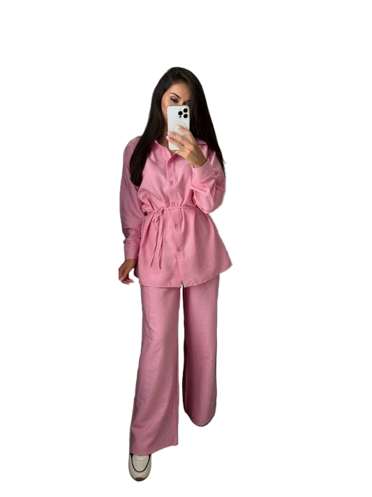 Pink Linen Blend Two-Piece Shirt and Pants Set