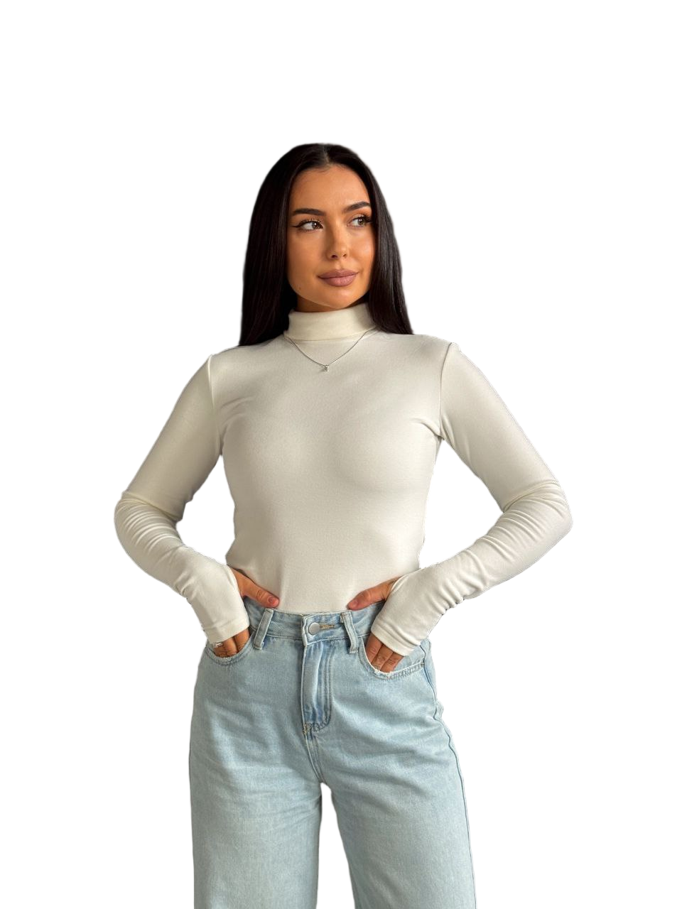 Cream Long Sleeve Thermal Top Stretch Knit High Neck Base Layer