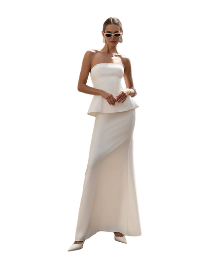 Cream Bandeau Top and Skirt Set Premium Diagonal Suit Crepe