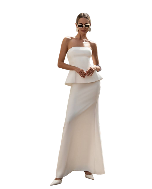 Cream Bandeau Top and Skirt Set Premium Diagonal Suit Crepe