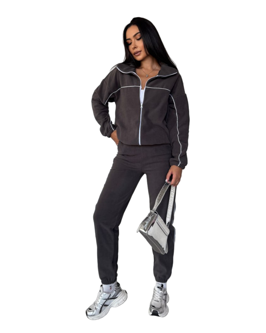 Womens Turkish Fleece Tracksuit Charcoal Zip Jacket Joggers Piped Trim